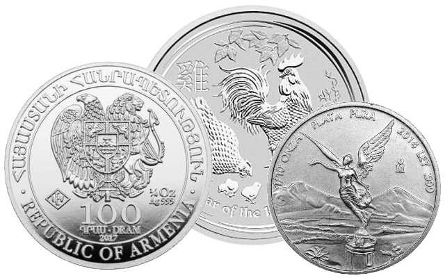 Silbermünzen kleiner als 1 Unze: Arche Noah 1/4oz, Lunar II Hahn 1/2oz, Mexiko Libertad 1/10oz