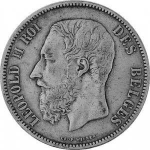 5 Franc Belgien 22,5g Silber Leopold II 1867 - 1876