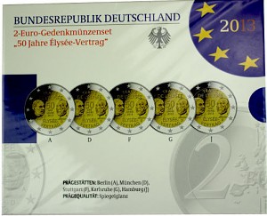 5x 2 EUR Gedenkmünzenset 50 Jahre Èlysée-Vertrag A-J 2013 St. 5x 2 EUR Gedenkmünzenset 50 Jahre Èlysée-Vertrag A-J 2013 St.