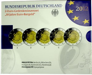 5x 2 EUR Gedenkmünzenset 10 Jahre Euro-Bargeld A-J 2012 St. 5x 2 EUR Gedenkmünzenset 10 Jahre Euro-Bargeld A-J 2012 St.