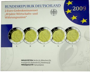 5x 2 EUR Gedenkmünzenset 10 Jahre Wirtschafts- und Währungsunion A-J 2009 St.
