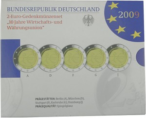 5x 2 EUR Gedenkmünzenset 10 Jahre Wirtschafts- und Währungsunion A-J 2009 St. 5x 2 EUR Gedenkmünzenset 10 Jahre Wirtschafts- und Währungsunion A-J 2009 St.