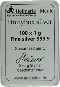 Silberbarren UnityBox Heimerle + Meule 100 x 1g Silber diff. B-Ware Silberbarren UnityBox Heimerle + Meule 100 x 1g Silber diff. B-Ware